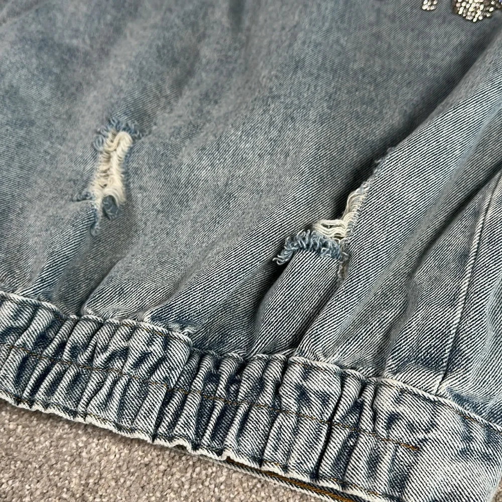 Distressed, rhinestone, fringe, jean jacket,‎ grunge, punk band rock